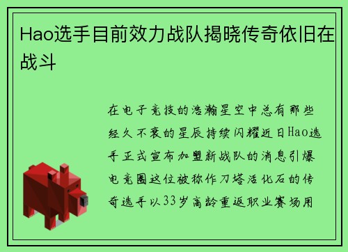 Hao选手目前效力战队揭晓传奇依旧在战斗