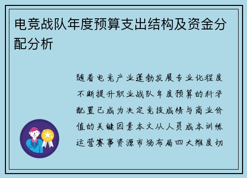 电竞战队年度预算支出结构及资金分配分析
